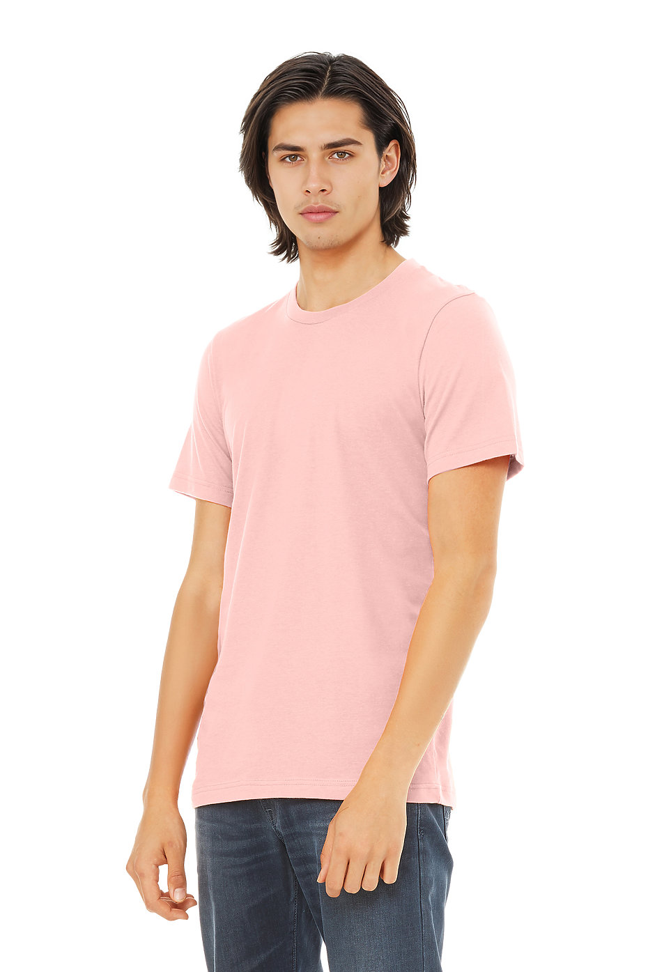 a young man with brown hair and a soft pink colored shirt.
